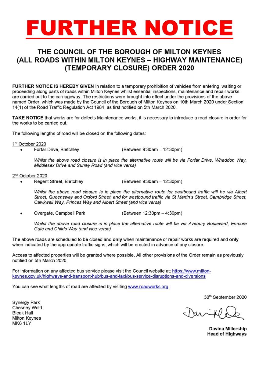 Temporary Road Closures Bletchley and Fenny Stratford Town Council